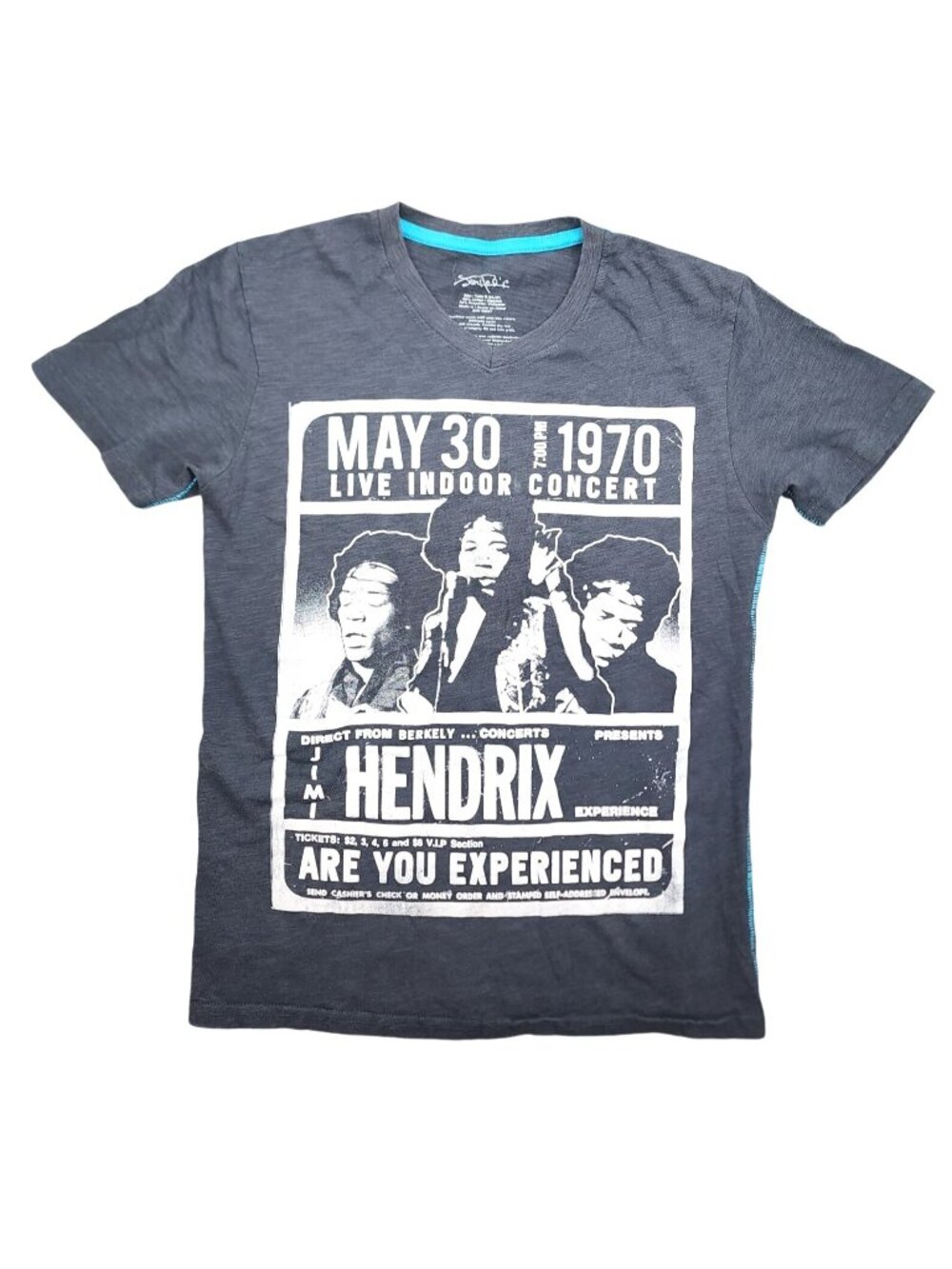 Unisex Jimi Hendrix Experience V-Neck Grey T-Shirt Tee May 30 1970 Berkely Small